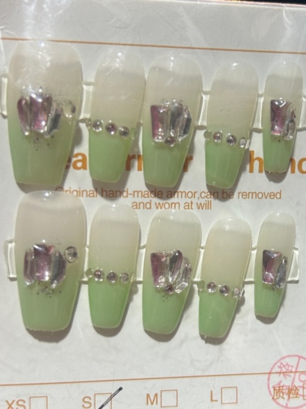 Green Ombre Press-On Nails with Rhinestones